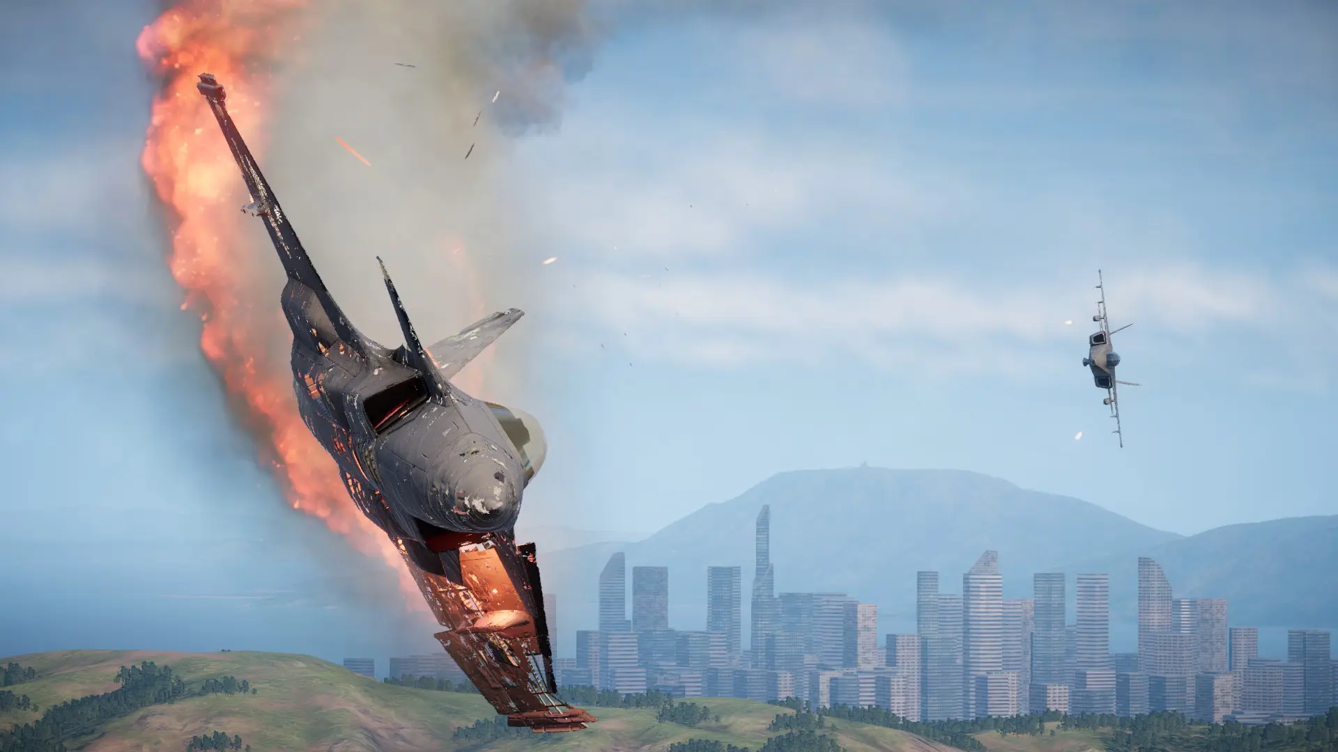 An FS-12 Revoker and a TA-30 Compass in a dogfight, the FS-12 has been destroyed by the TA-30s guns and is on fire